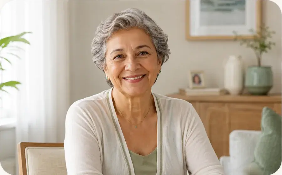 Aposentada do INSS sorrindo em casa