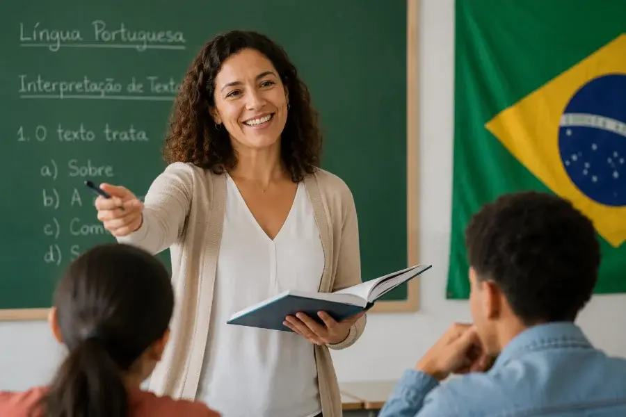 Professora servidora pública sorrindo em sala de aula